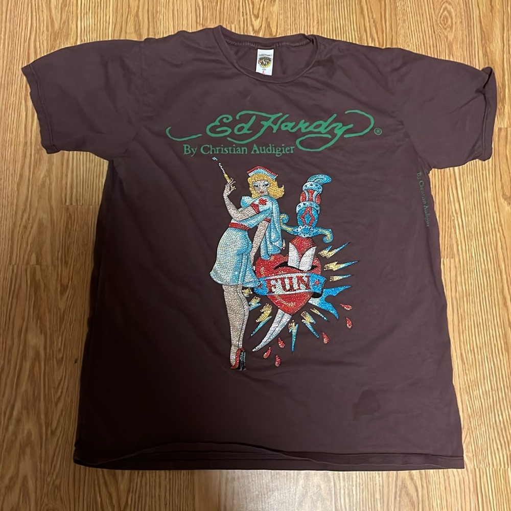 Christian Audigier Vintage Ed Hardy Rhinestoned NURSE FUN! Large